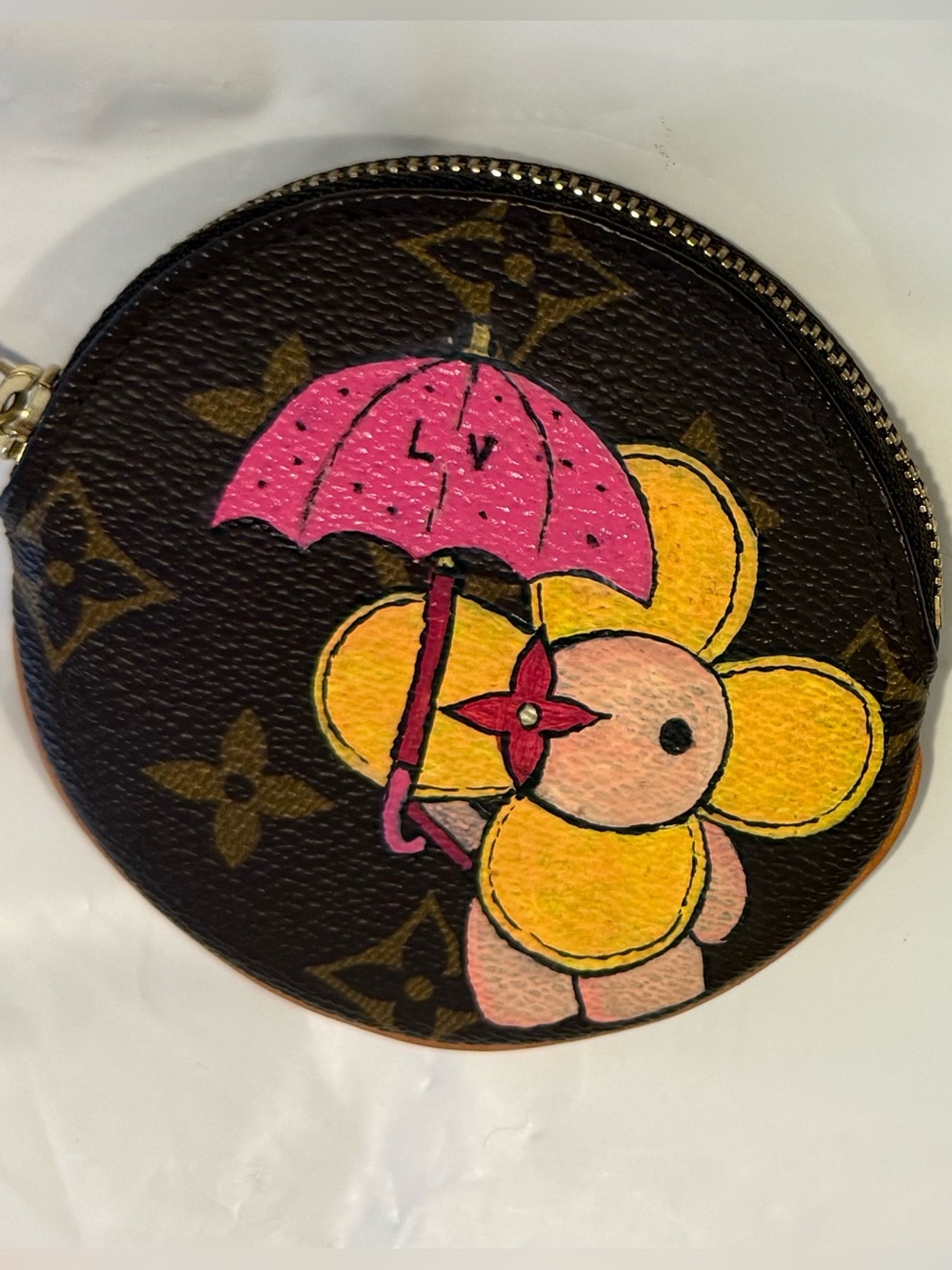 Louis Vuitton Brown Monogram Round Coin Pouch with hand painted Vivienne